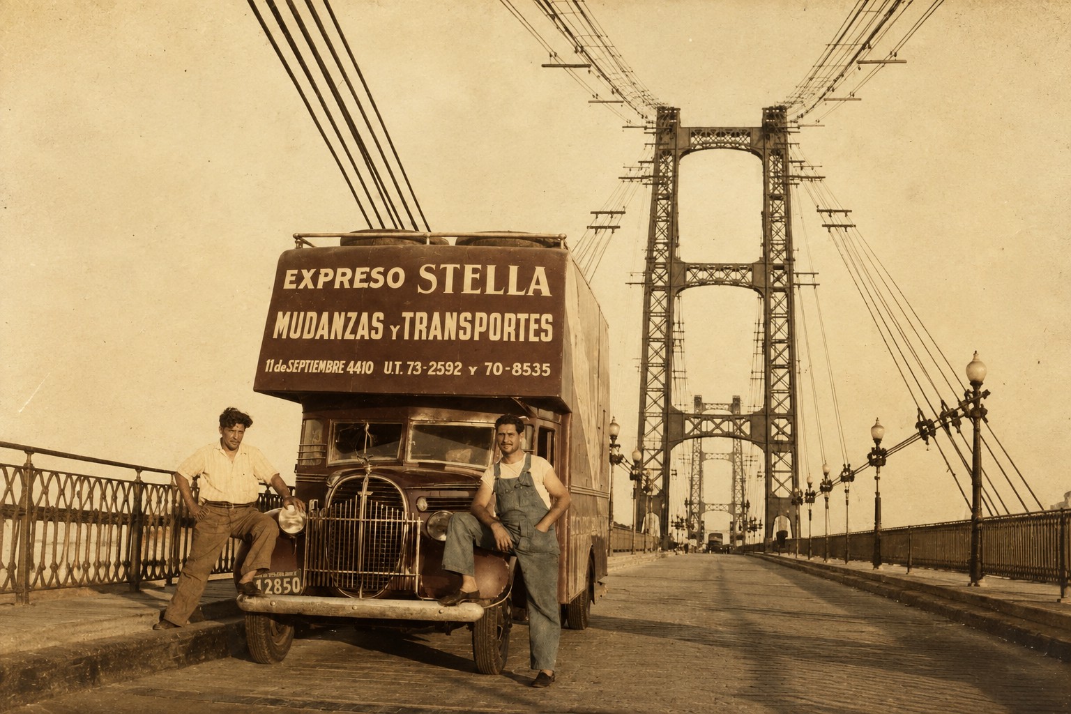Camión de Expreso Stella cruzando un puente, mudanzas y transportes desde 1925